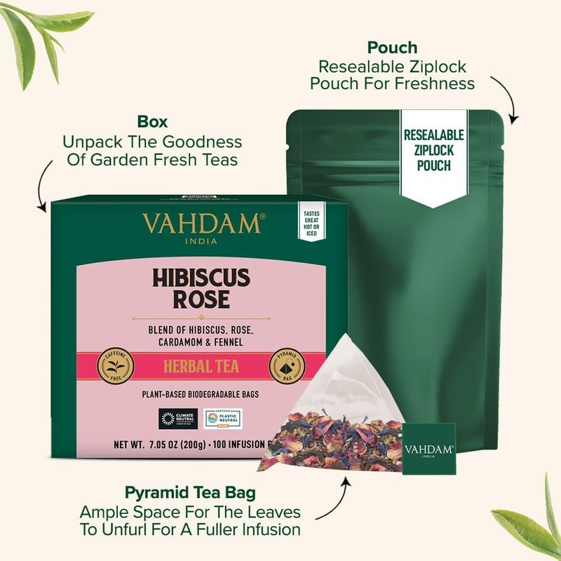 VAHDAM Hibiscus Rose Herbal Tea Bags - 100 Count with Cardamom, Fennel & Chamomile | Caffeine Free - Image 4